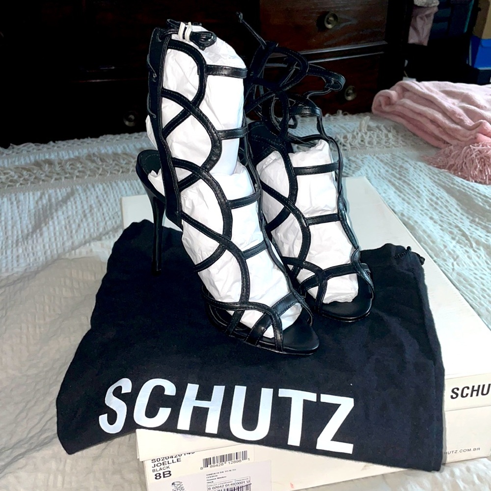 Schutz Joelle black strap tie heels size 8